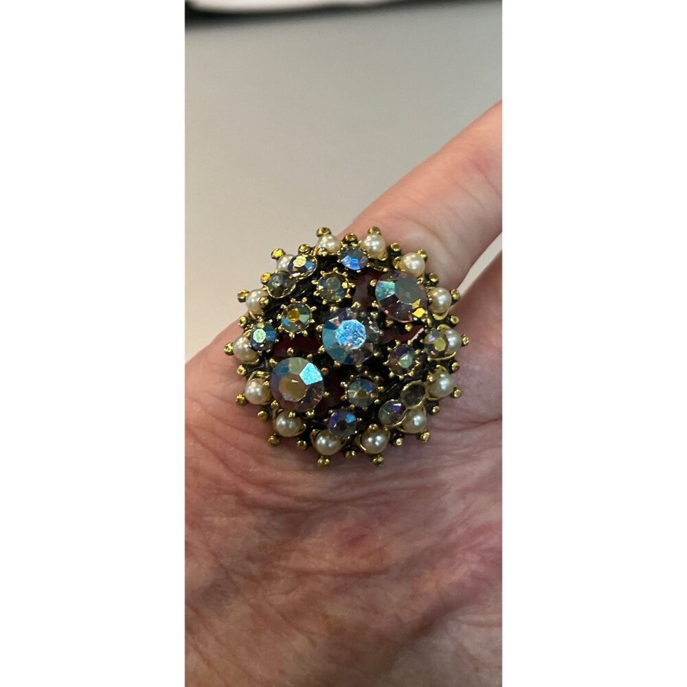 Vintage 1940's -50's Rhinestone Large Domed Ring Layered Mid Century Adjustable